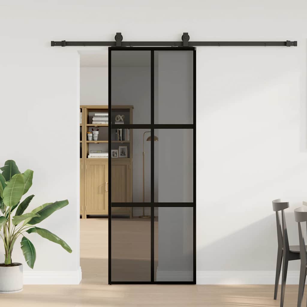 Skyvedør med monteringssett svart 76x205 cm herdet glass