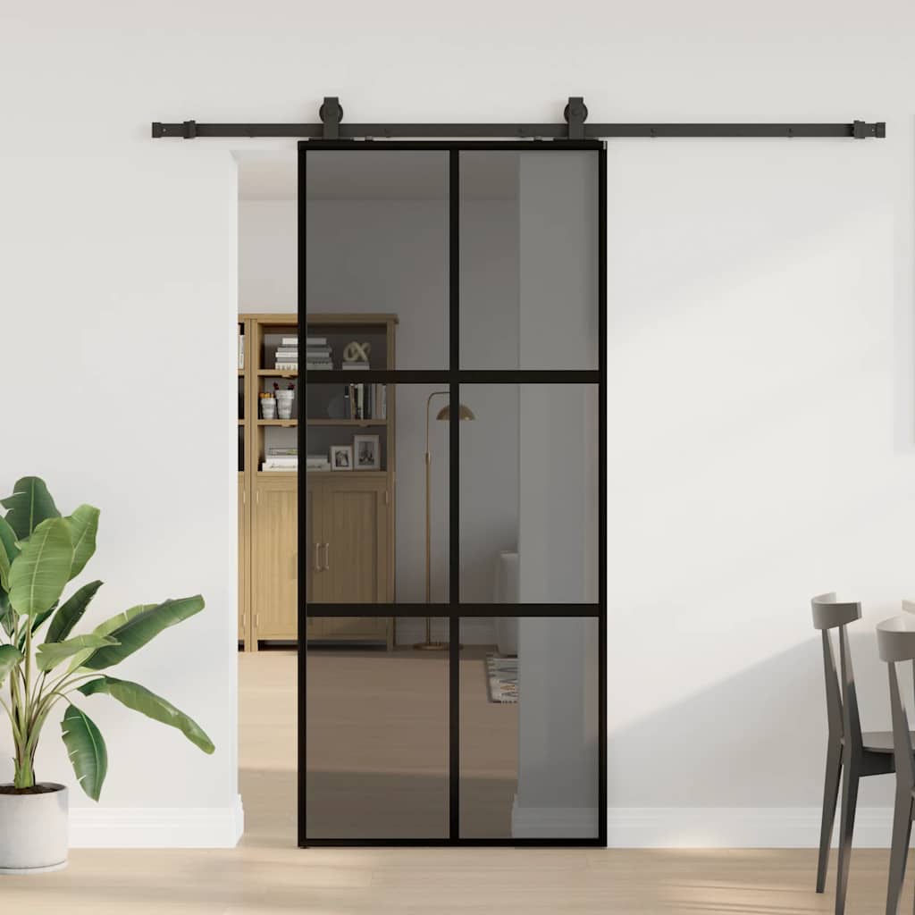 Skyvedør med monteringssett svart 90x205 cm herdet glass