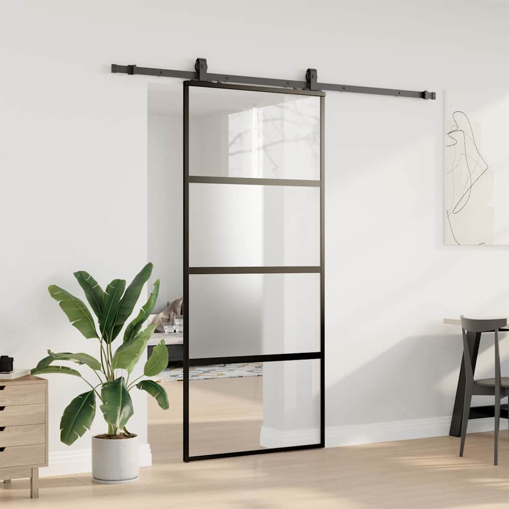 Skyvedør med monteringssett svart 90x205 cm herdet glass