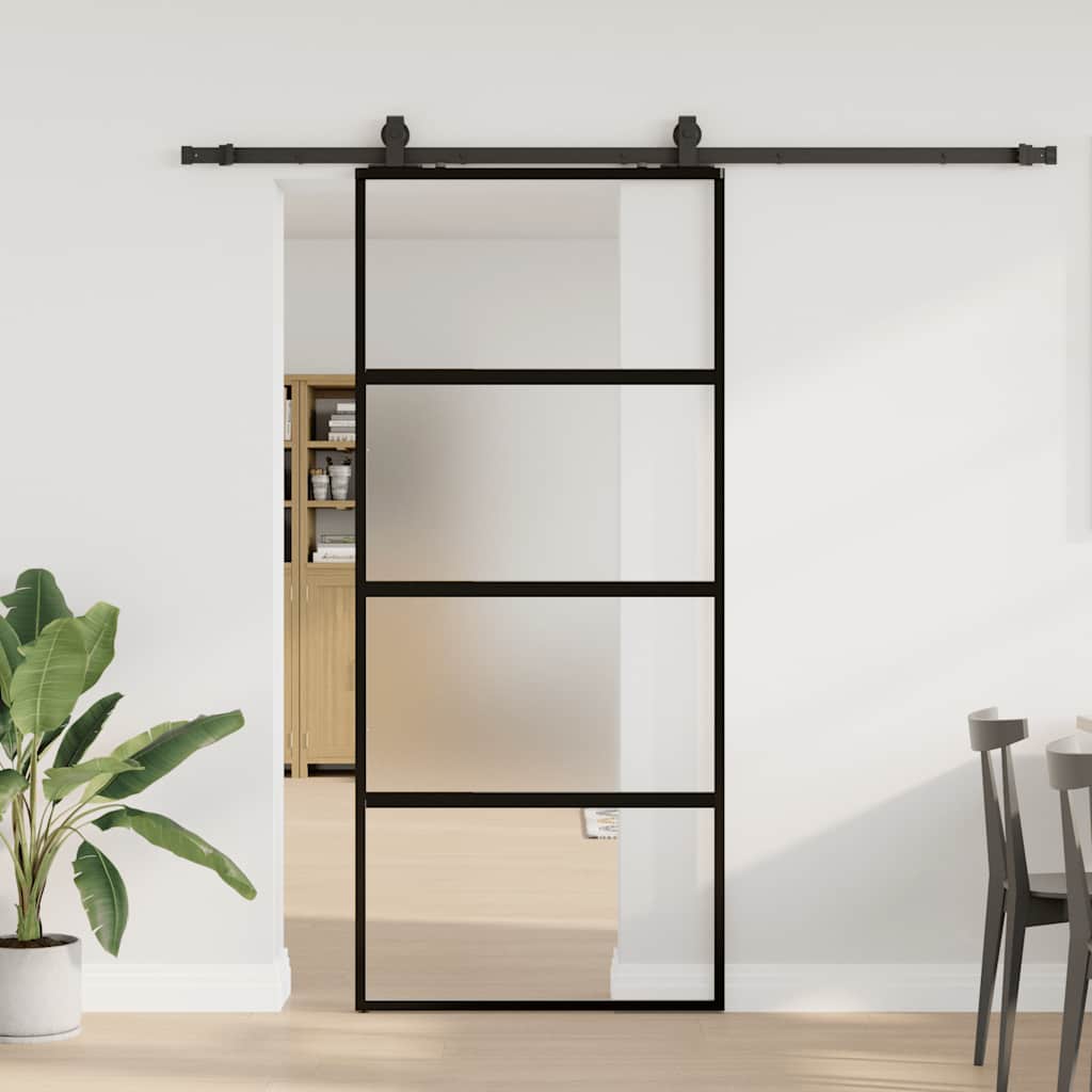 Skyvedør med monteringssett svart 90x205 cm herdet glass