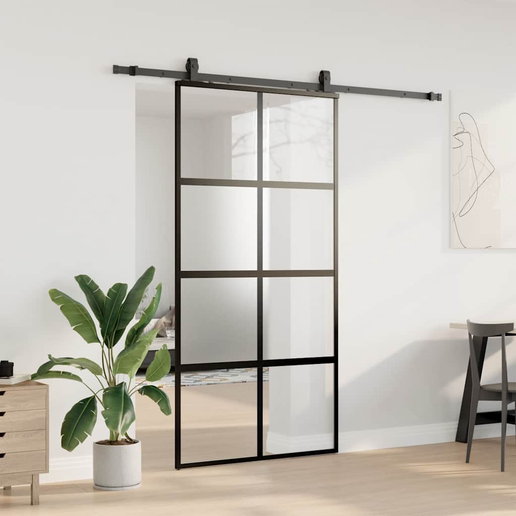 Skyvedør med monteringssett svart 102,5x205 cm herdet glass