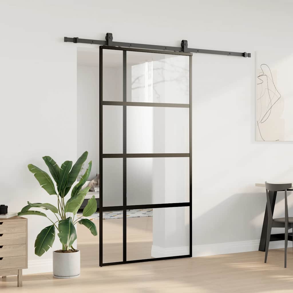 Skyvedør med monteringssett svart 102,5x205 cm herdet glass