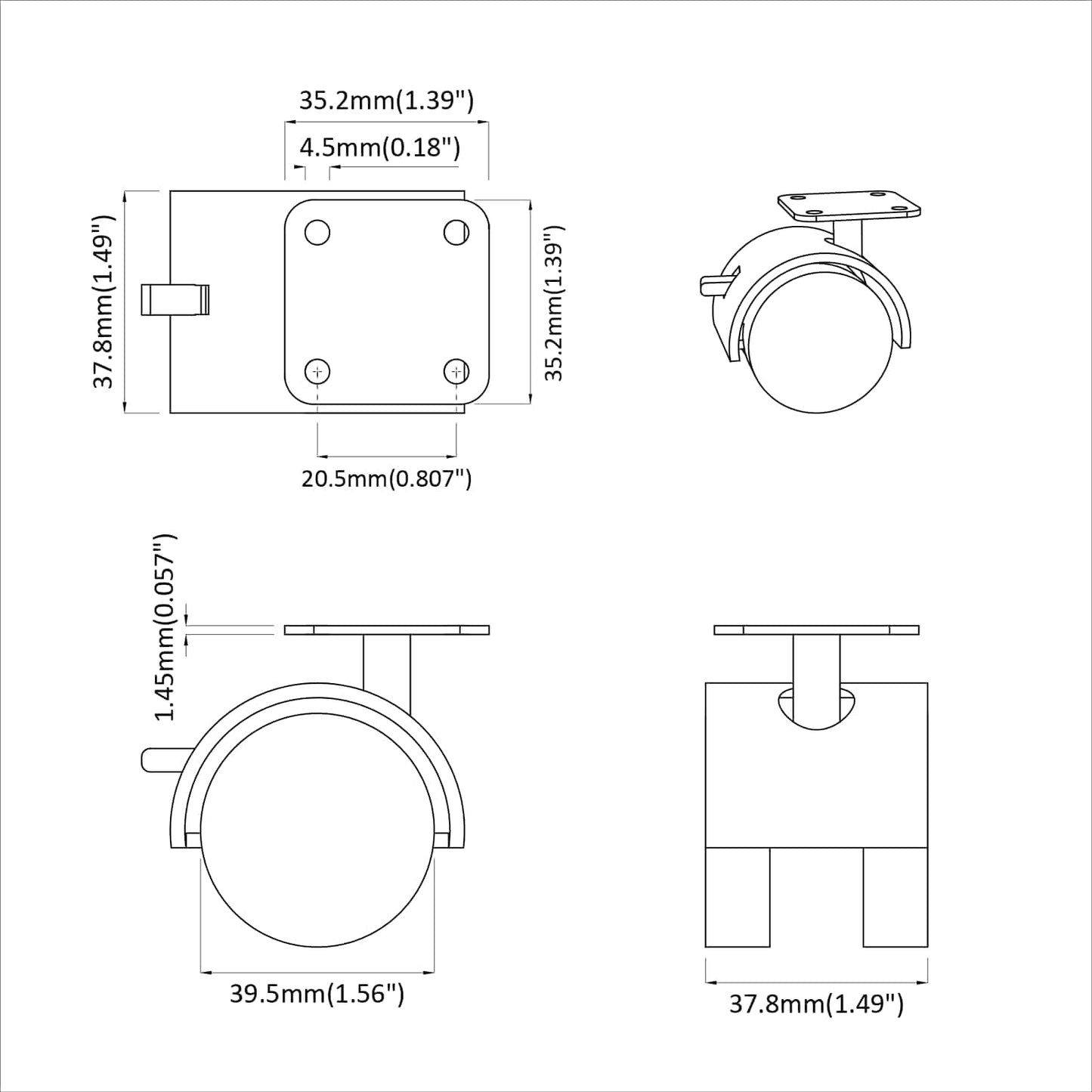 Hjul 12 pcs Svart 39,5 x 39,5 x 37,8 mm Jern og polypropylen