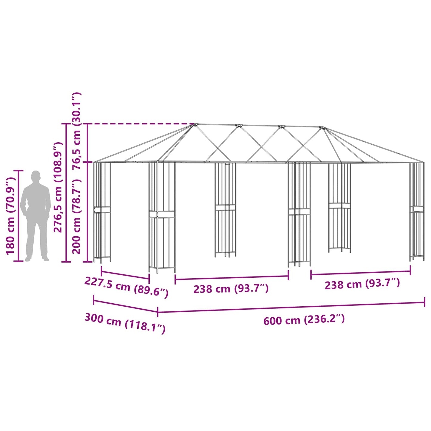 Gazebo Ramme 6 x 3 m Svart Stål