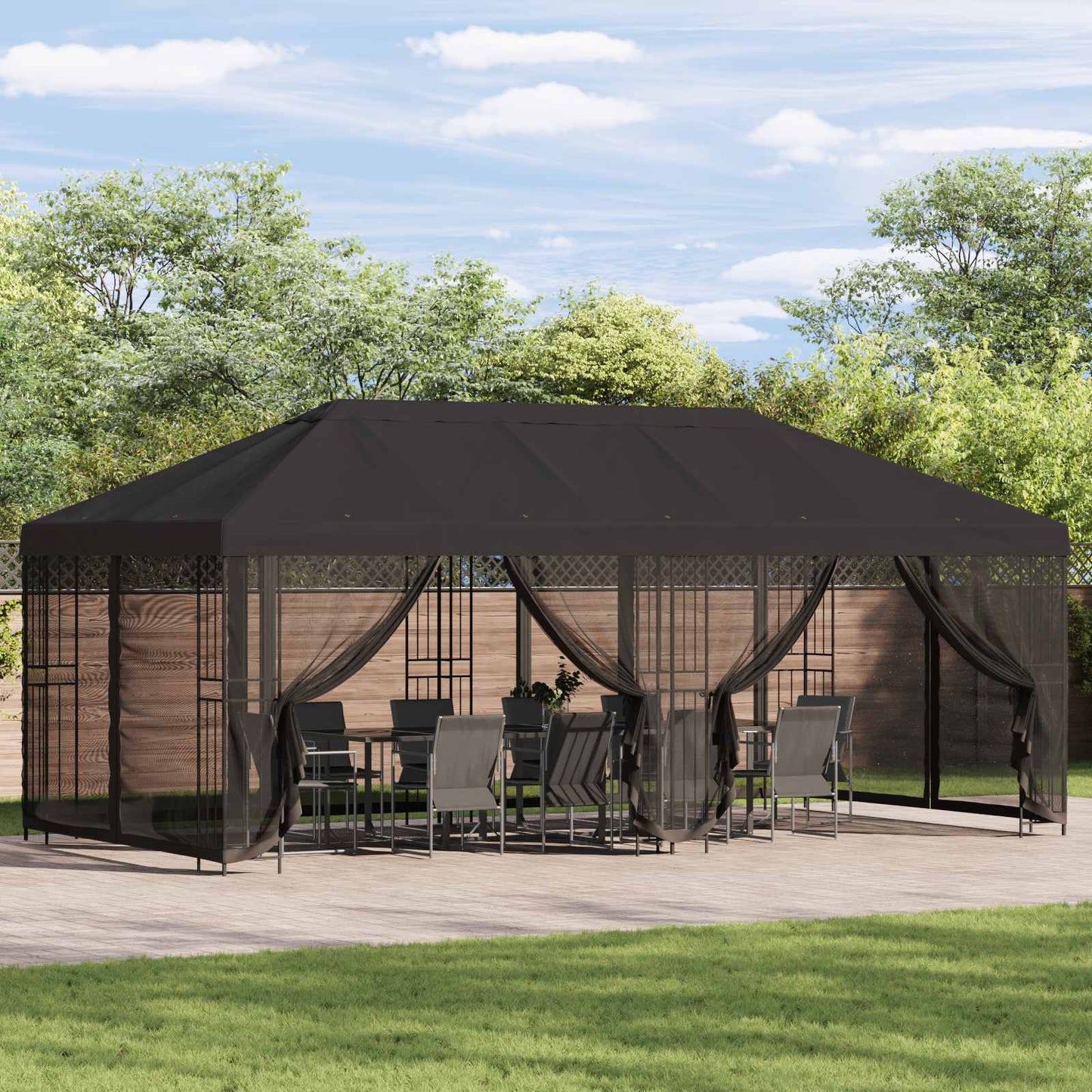 Paviljong med sidevegger 6 x 3 m Antrasitt Polyester og stål