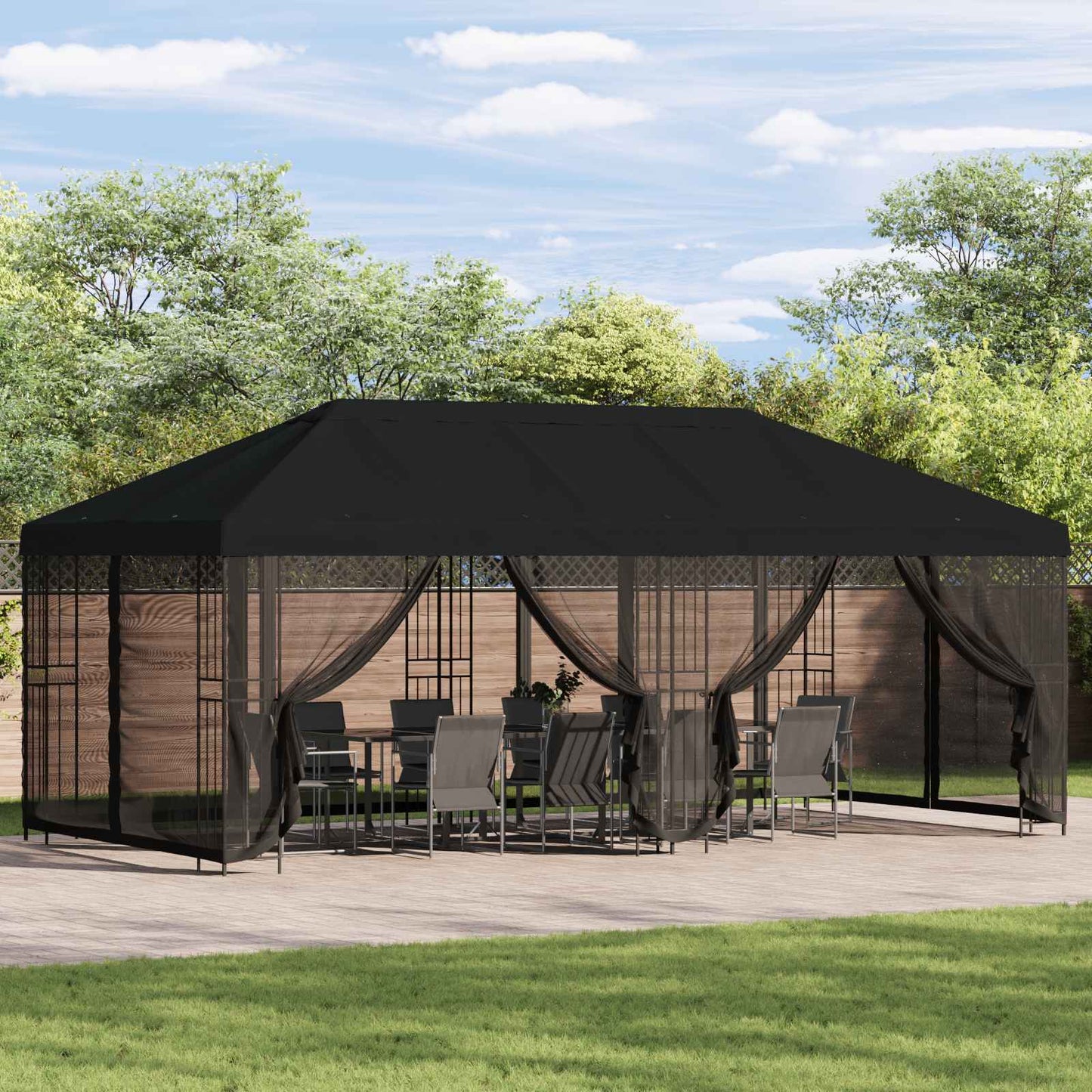 Paviljong med sidevegger 6 x 3 m Svart Polyester og stål 190
