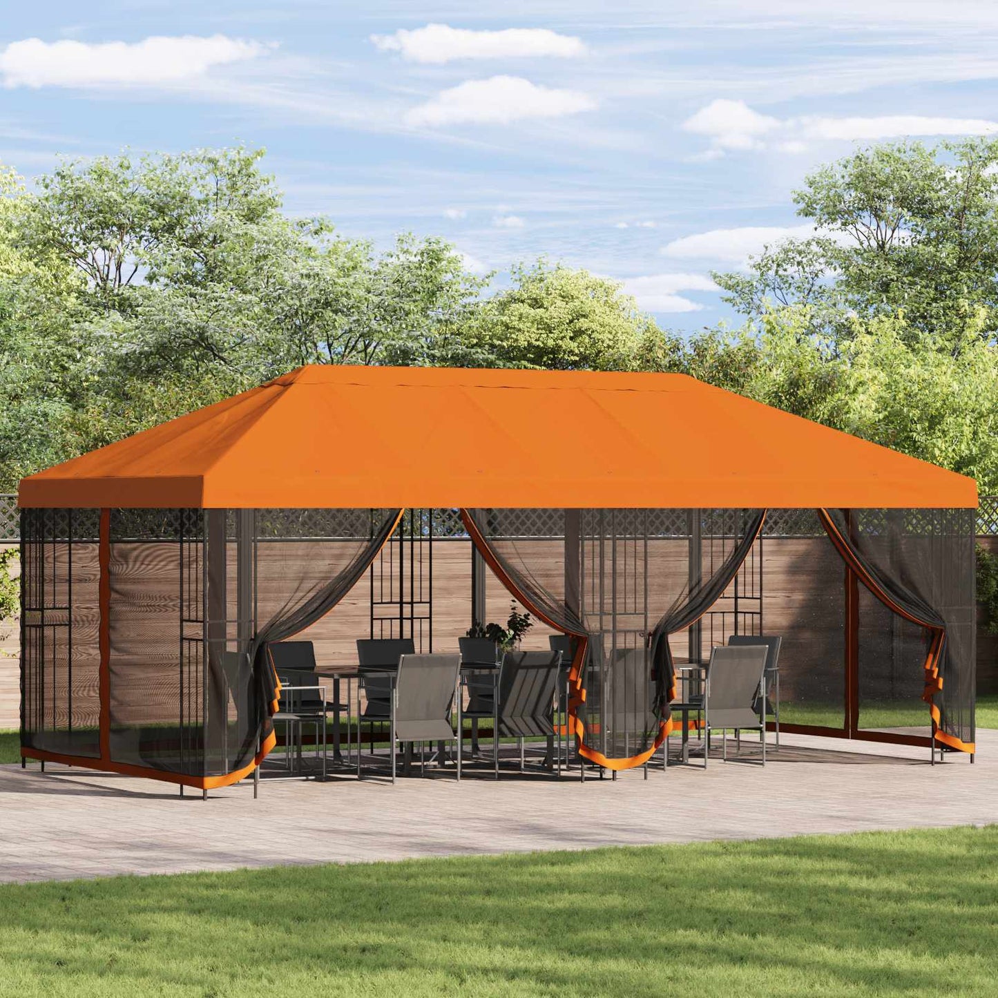 Paviljong med sidevegger 6 x 3 m Oransje Polyester og stål 190
