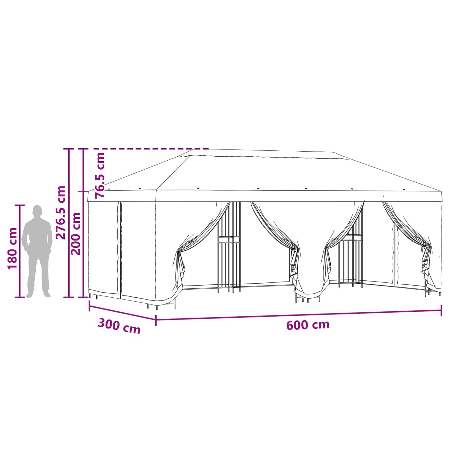 Paviljong med sidevegger 6 x 3 m Oransje Polyester og stål 190