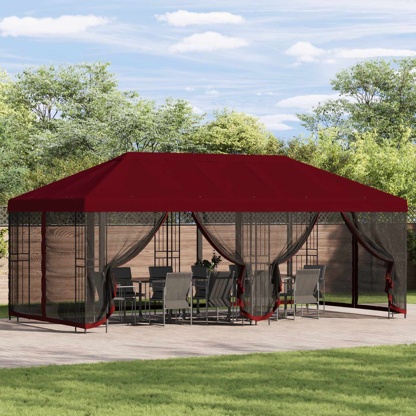 Paviljong med sidevegger 6 x 3 m Burgunder Polyester og stål