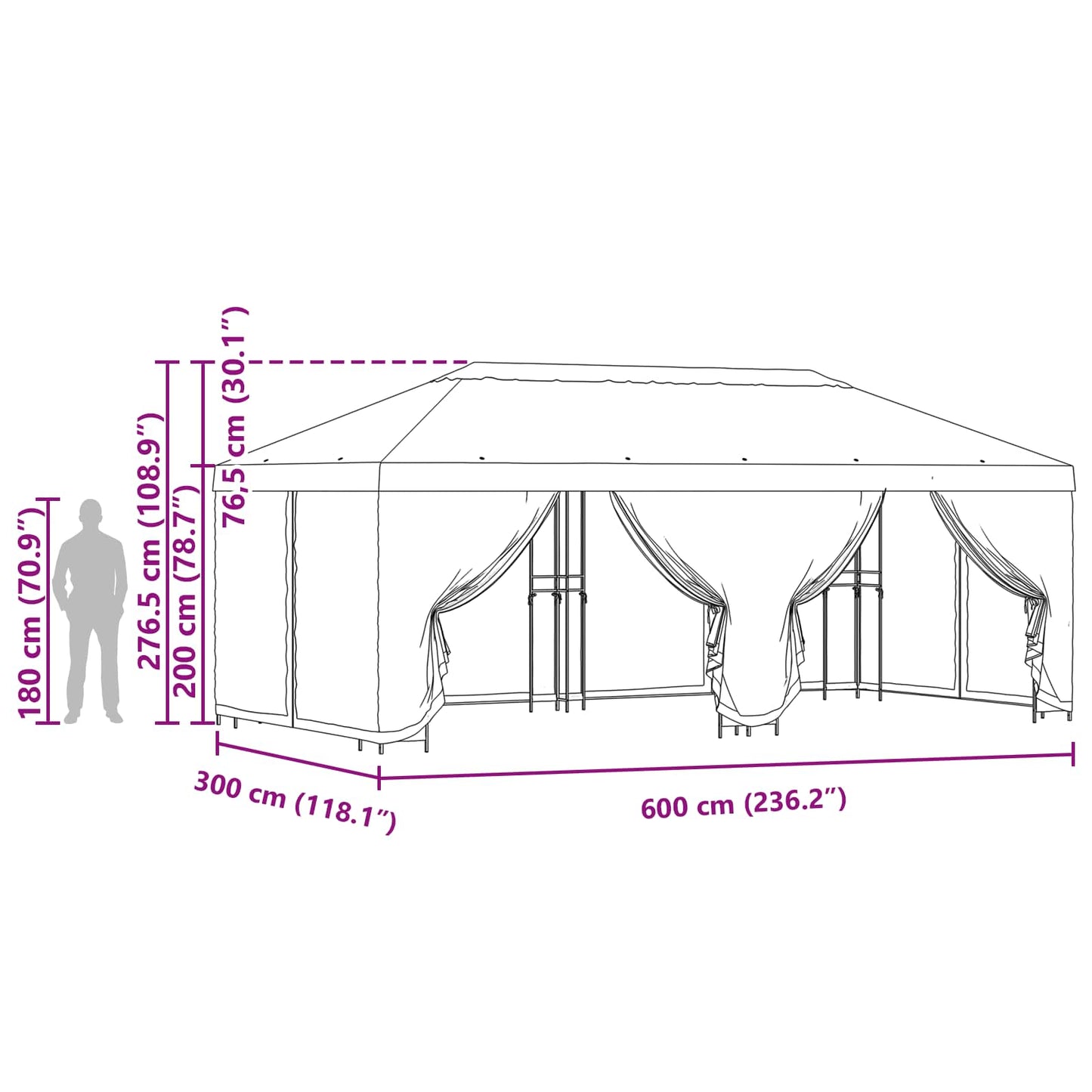Paviljong med sidevegger 6 x 3 m Krem Polyester og stål 190