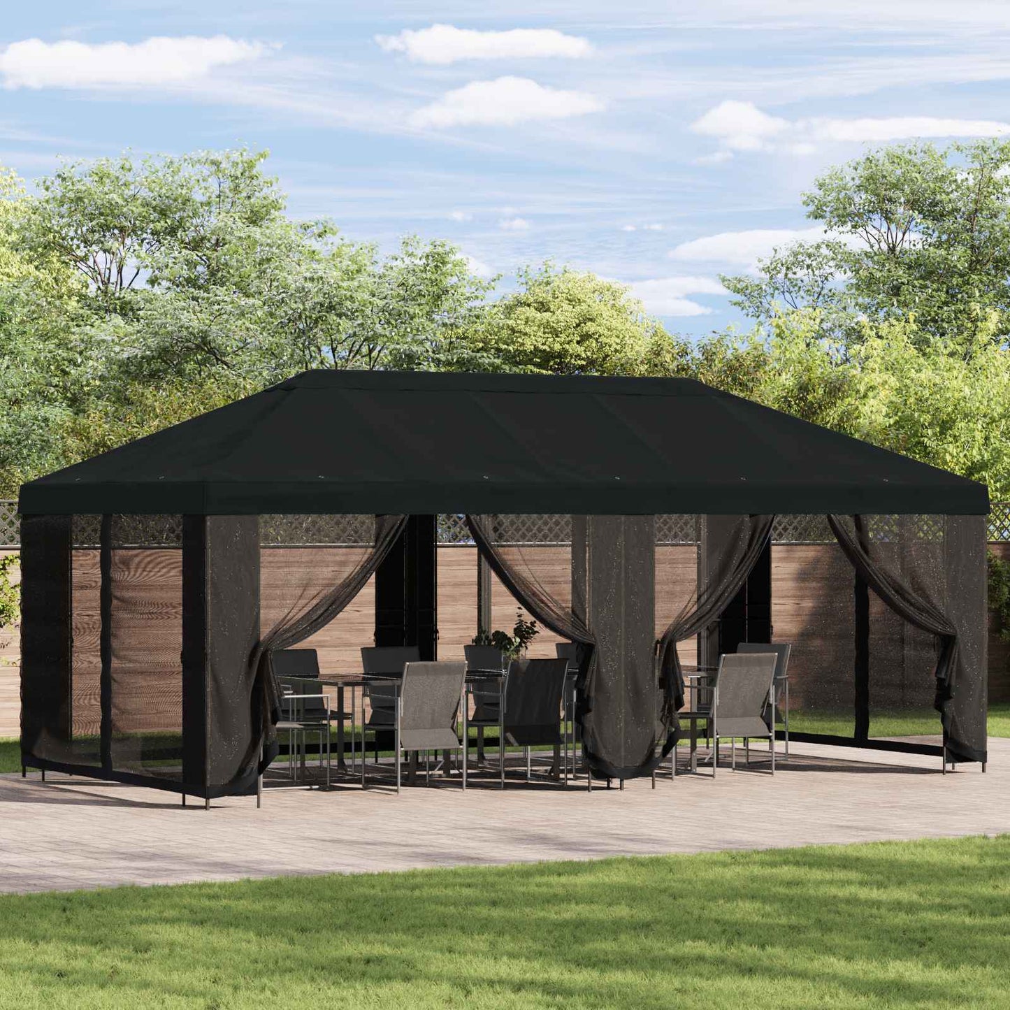 Paviljong med sidevegger 6 x 3 m Svart Polyester og stål 190