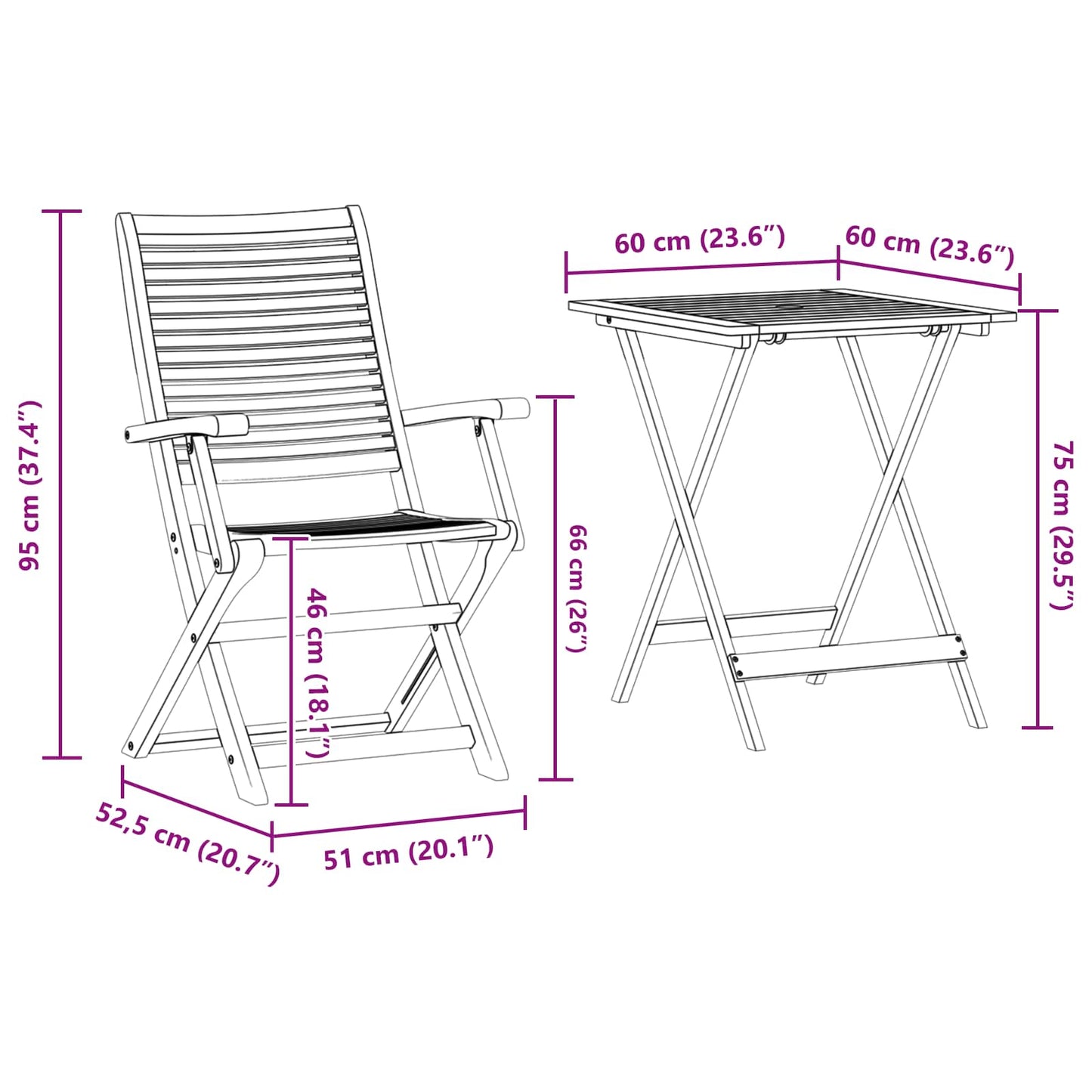 Sammenleggbart Bistrosett 3 pcs Brun Solid akasietre