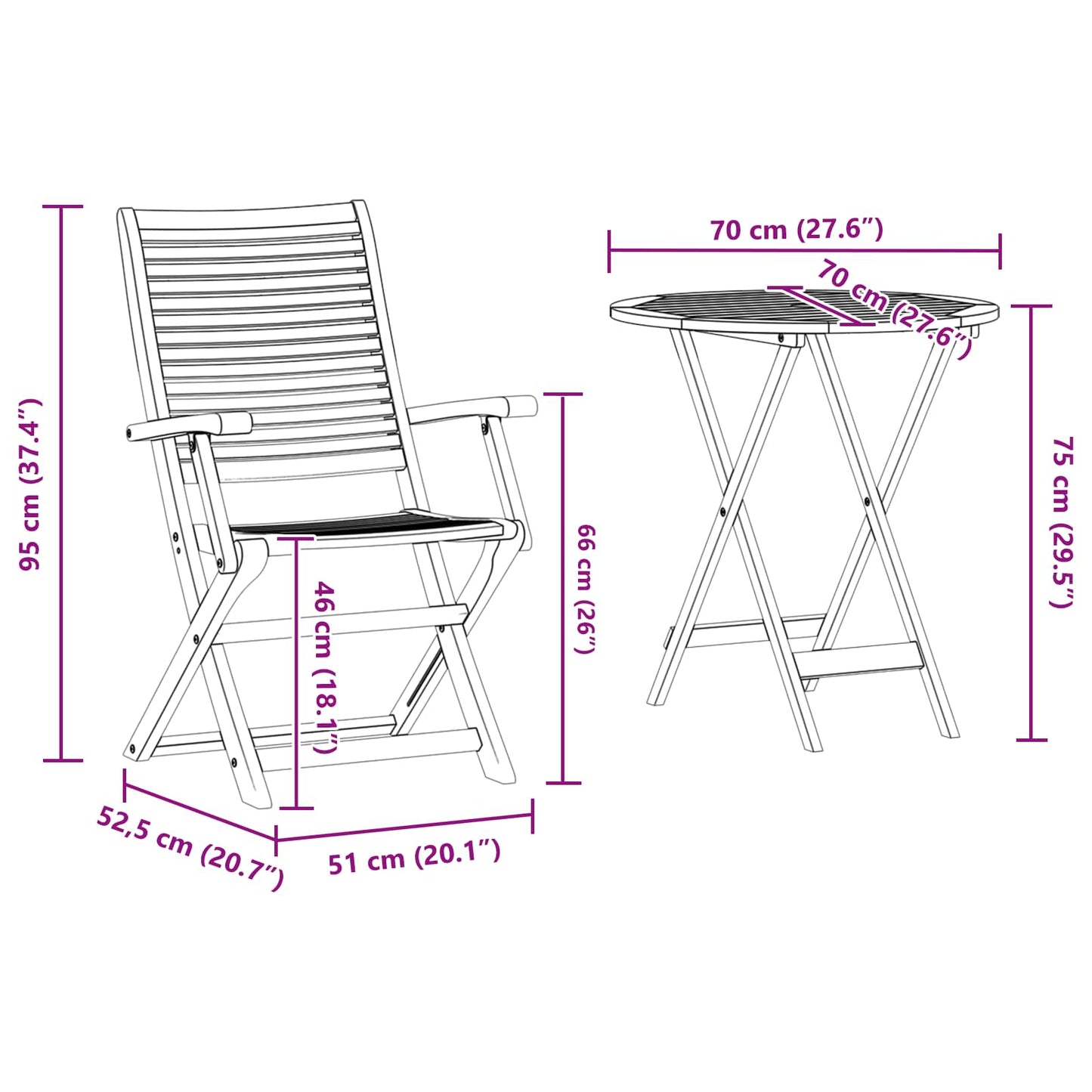 Sammenleggbart Bistrosett 3 pcs Brun Solid akasietre