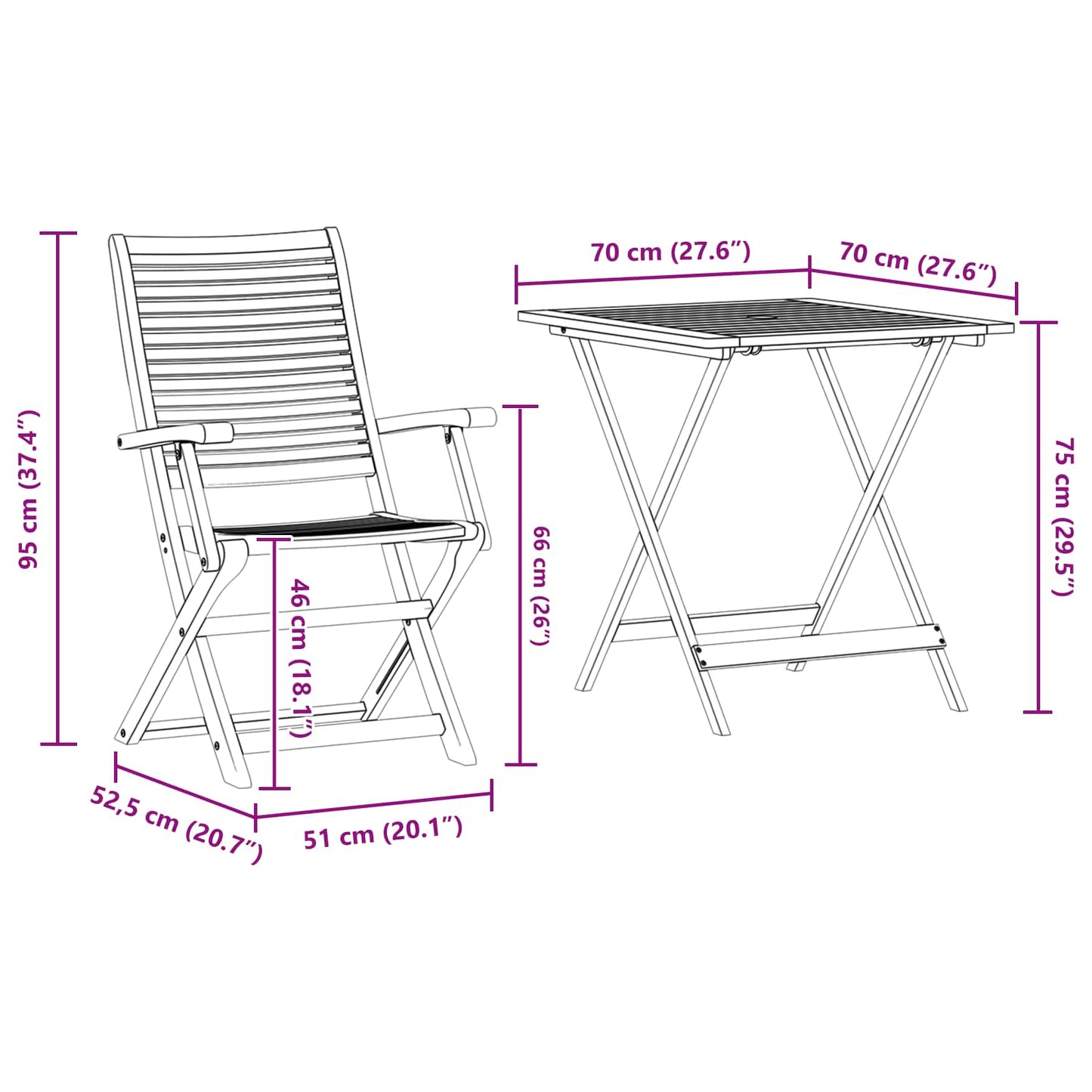 Sammenleggbart Bistrosett 3 pcs Brun Solid akasietre