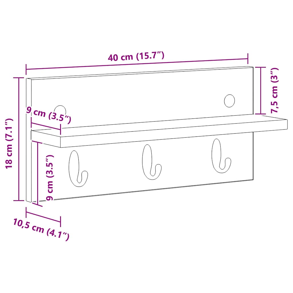 Vegghengt kleshenger Betonggrå 40 x 10.5 x 18 cm Konstruert tre