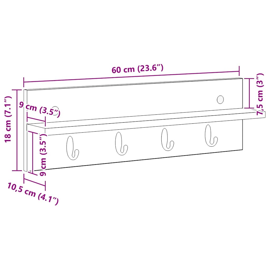 Vegghengt kleshenger Betonggrå 60 x 10.5 x 18 cm Konstruert tre