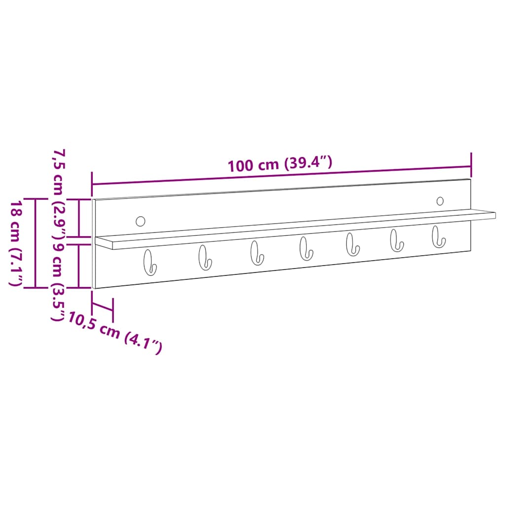 Vegghengt kleshenger med hylle Gammelt tre 100 x 10.5 x 18 cm