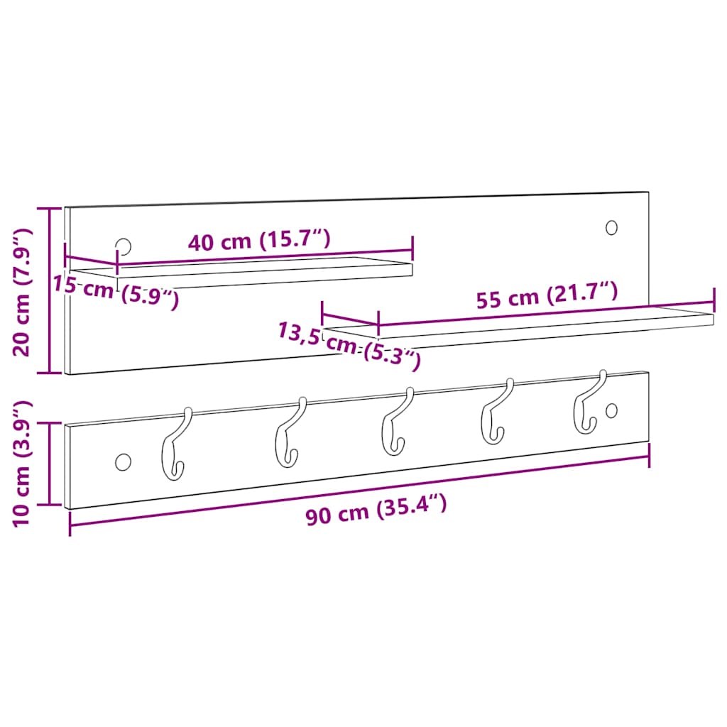 Vegghengt kleshenger Betonggrå 90 x 15 x 36 cm Konstruert tre
