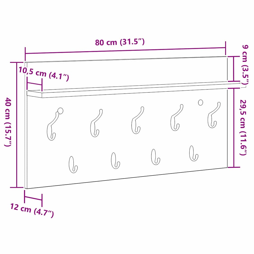 Vegghengt kleshenger Betonggrå 80 x 40 x 12 cm Konstruert tre