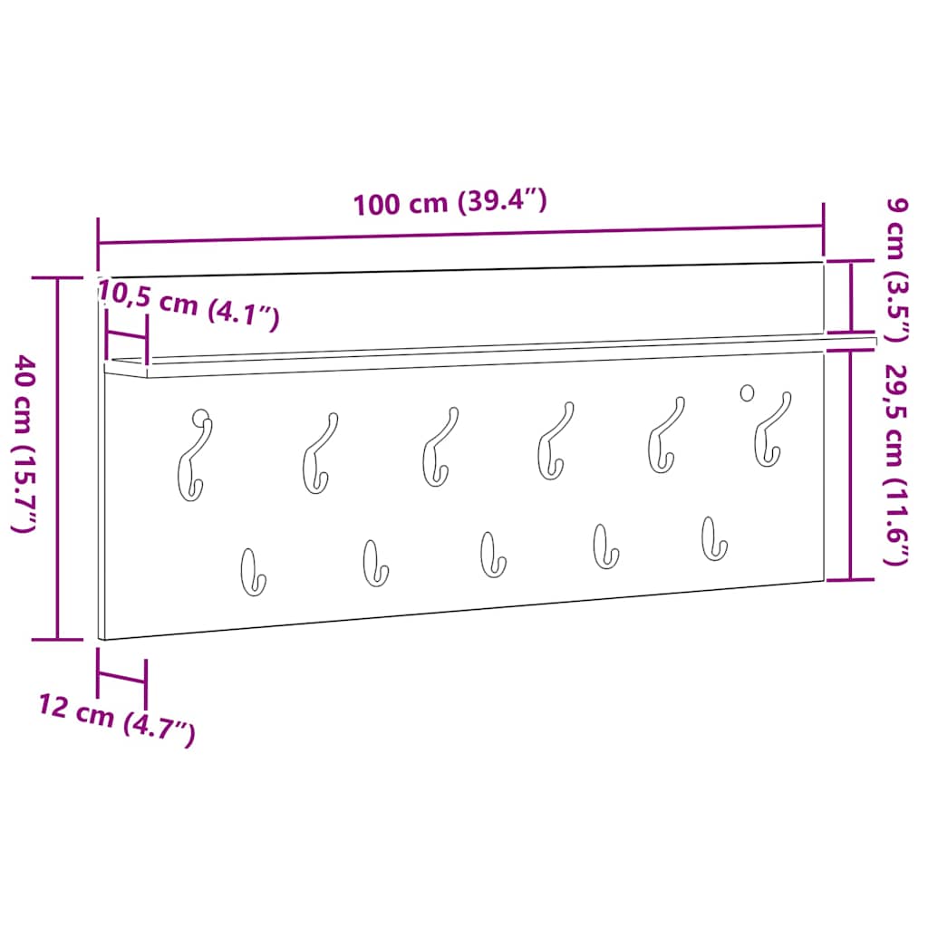Vegghengt kleshenger Røkt eik 100 x 40 x 12 cm Konstruert tre