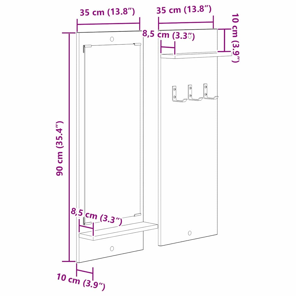 Vegghengt kleshenger Betonggrå 70 x 10 x 90 cm Konstruert tre