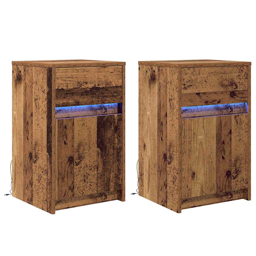 LED Nattbordskap med skuff 2 pcs Gammelt tre 38 x 34 x 61 cm
