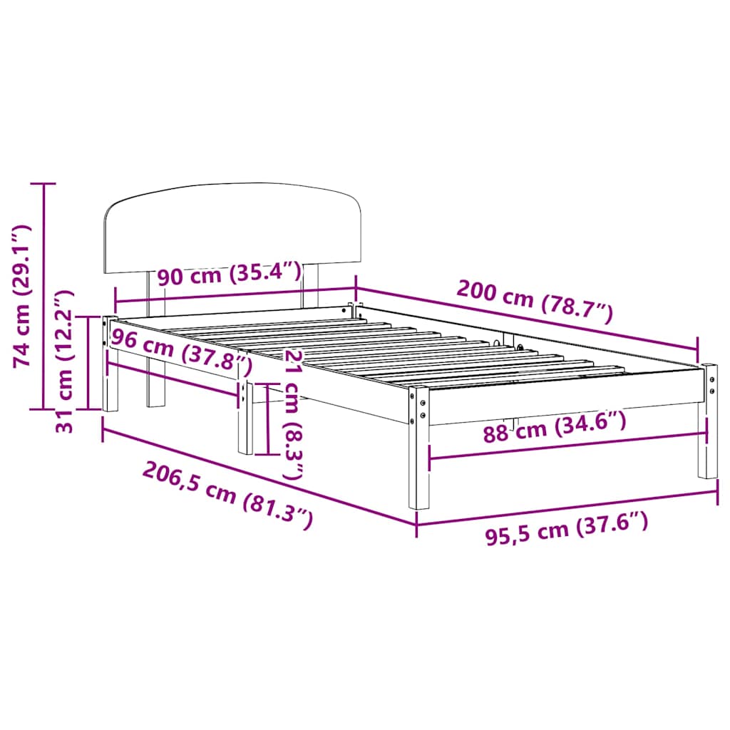 Sengestamme med hodegjerde Brun 90 x 200 cm Massivt furutre