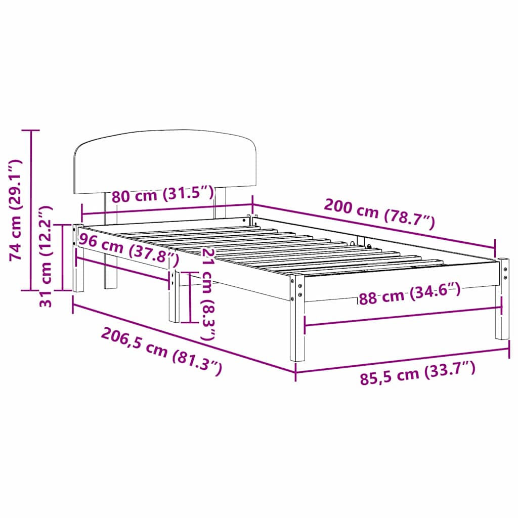 Sengestamme med hodegjerde Brun 80 x 200 cm Massivt furutre