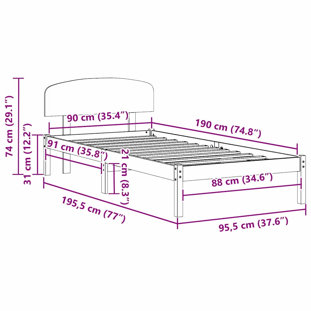 Sengestamme med hodegjerde Hvit 90 x 190 cm Massivt furutre