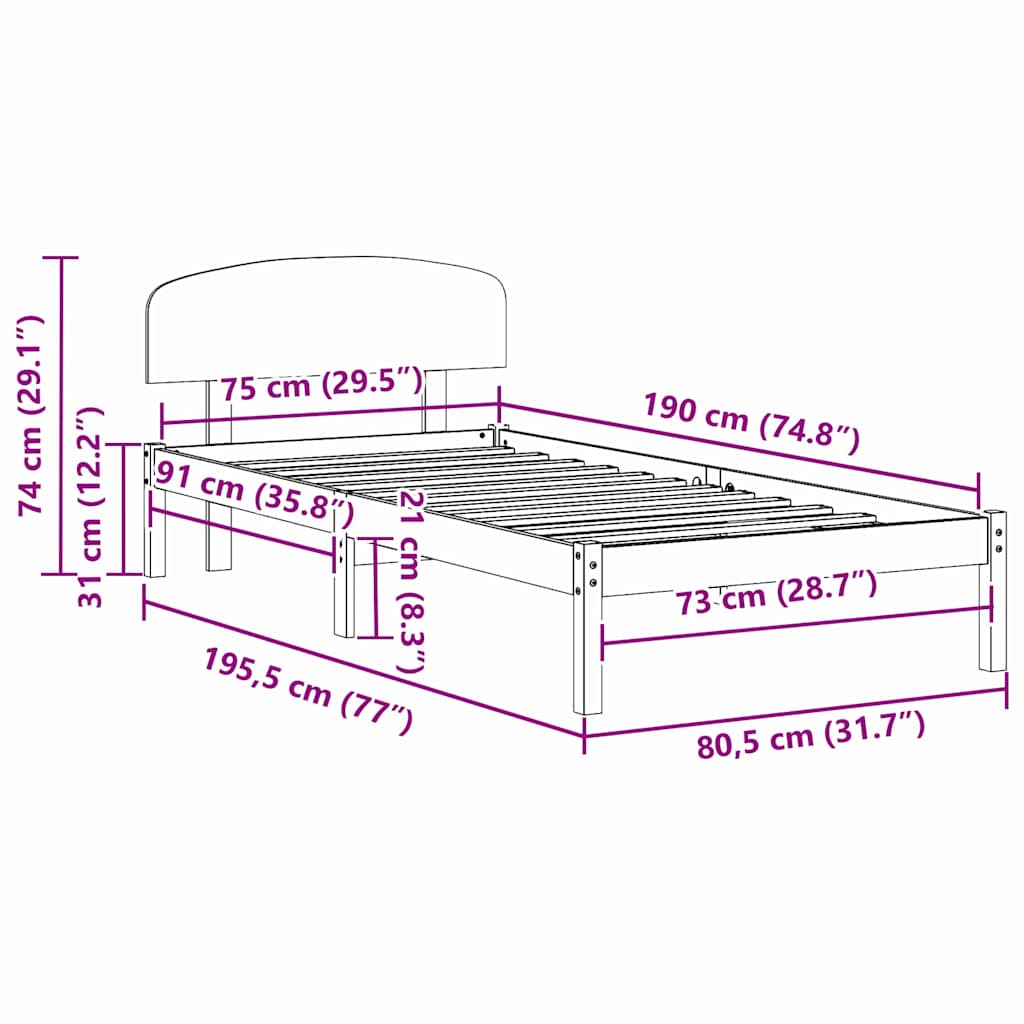 Sengestamme med hodegjerde Brun 75 x 190 cm Massivt furutre