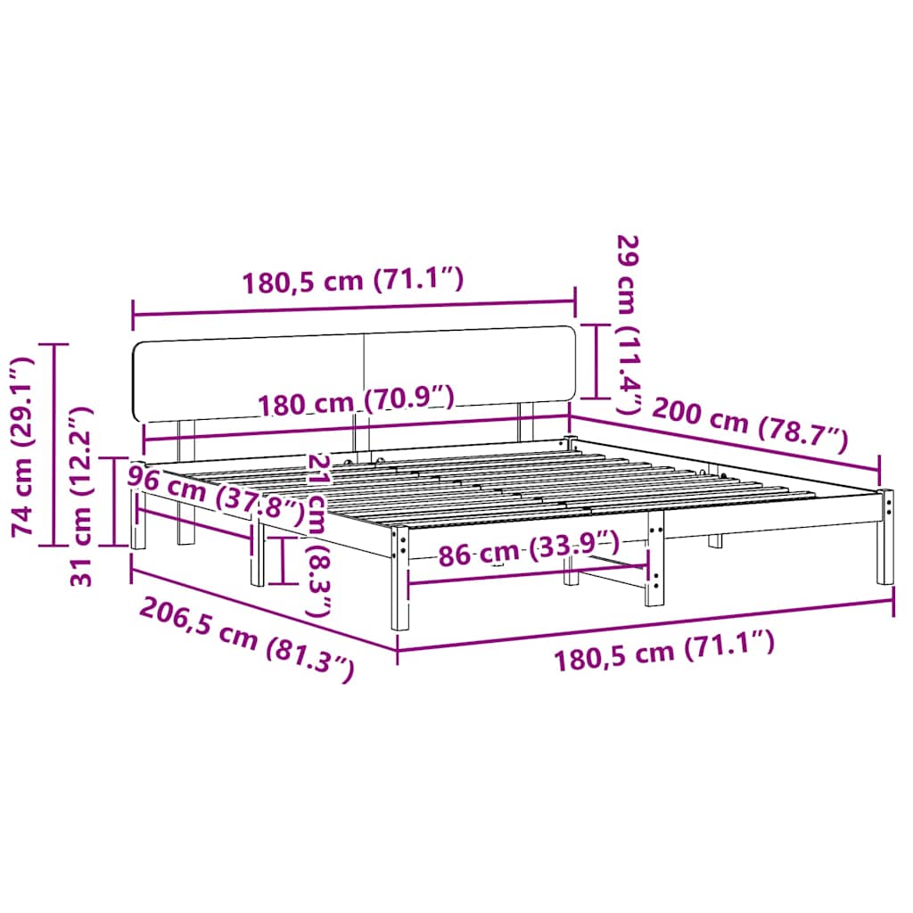 Sengestamme med hodegjerde Naturlig 180 x 200 cm Massiv furu