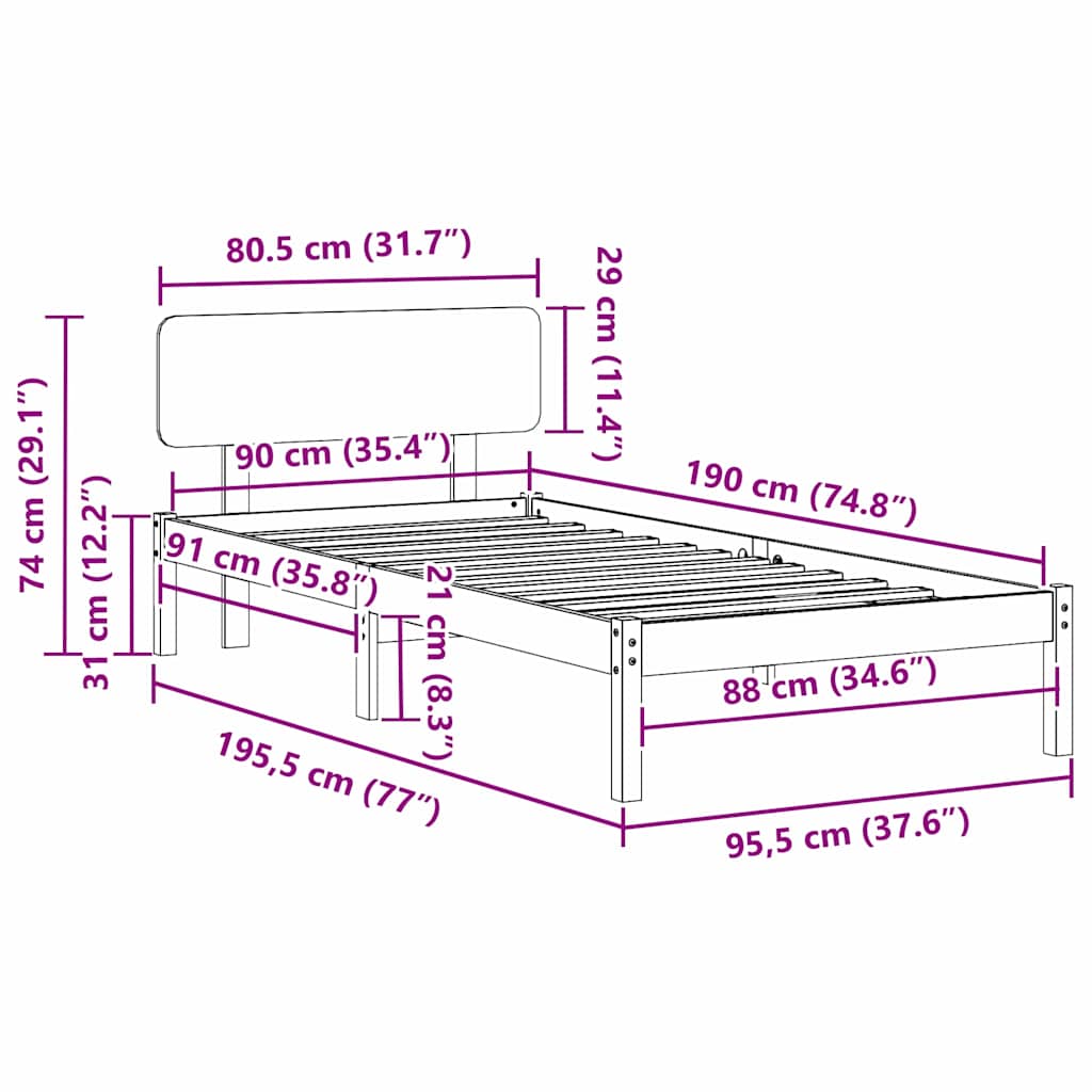 Sengestamme med hodegjerde Naturlig 90 x 190 cm Massiv furu
