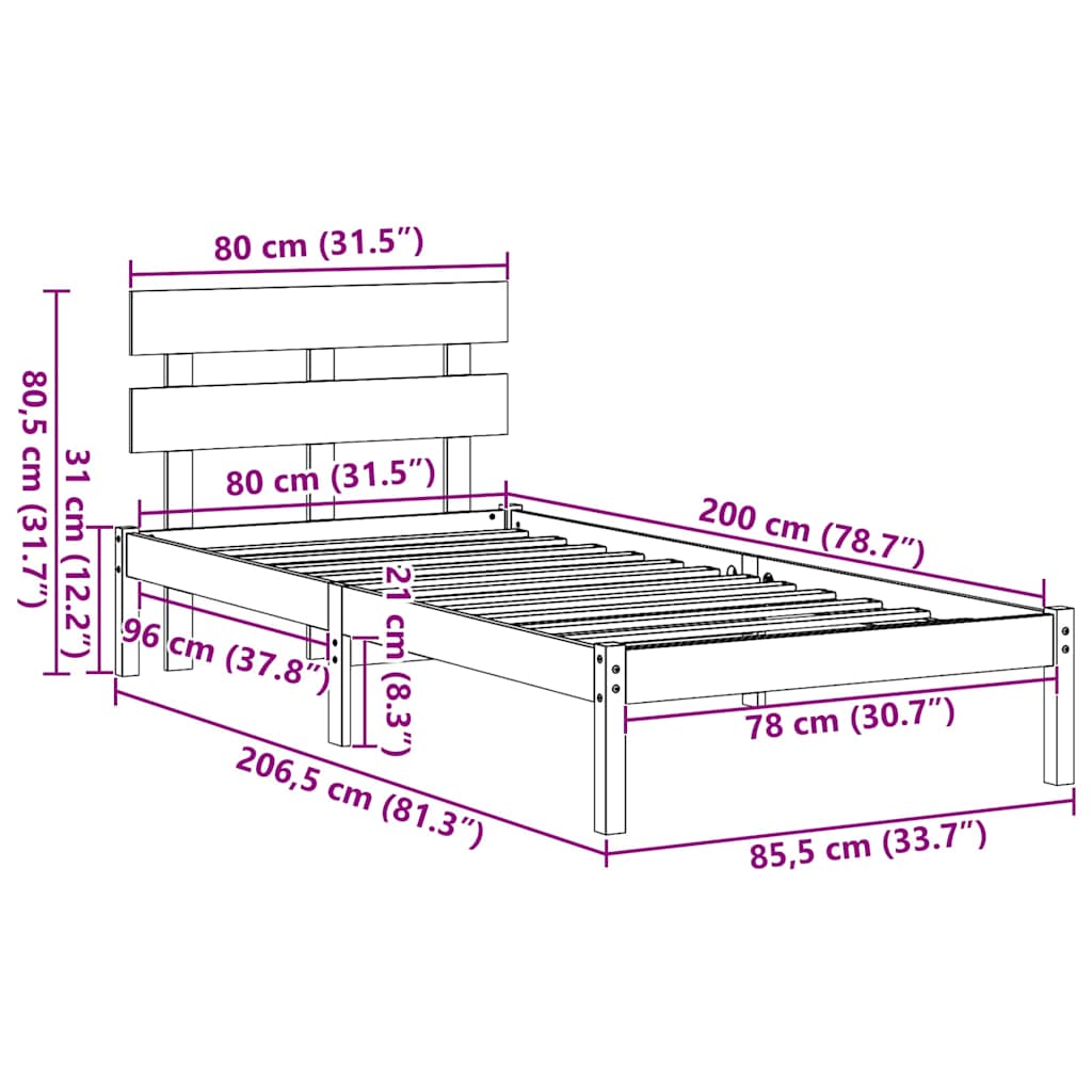 Sengestamme med hodegjerde Brun 80 x 200 cm Massivt furutre