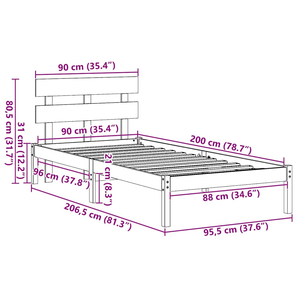 Sengestamme med hodegjerde Brun 90 x 200 cm Massivt furutre
