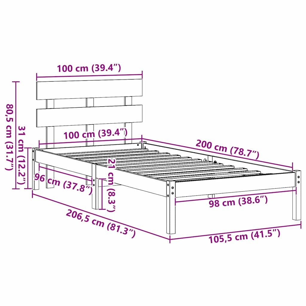 Sengestamme med hodegjerde Brun 100 x 200 cm Massivt furutre