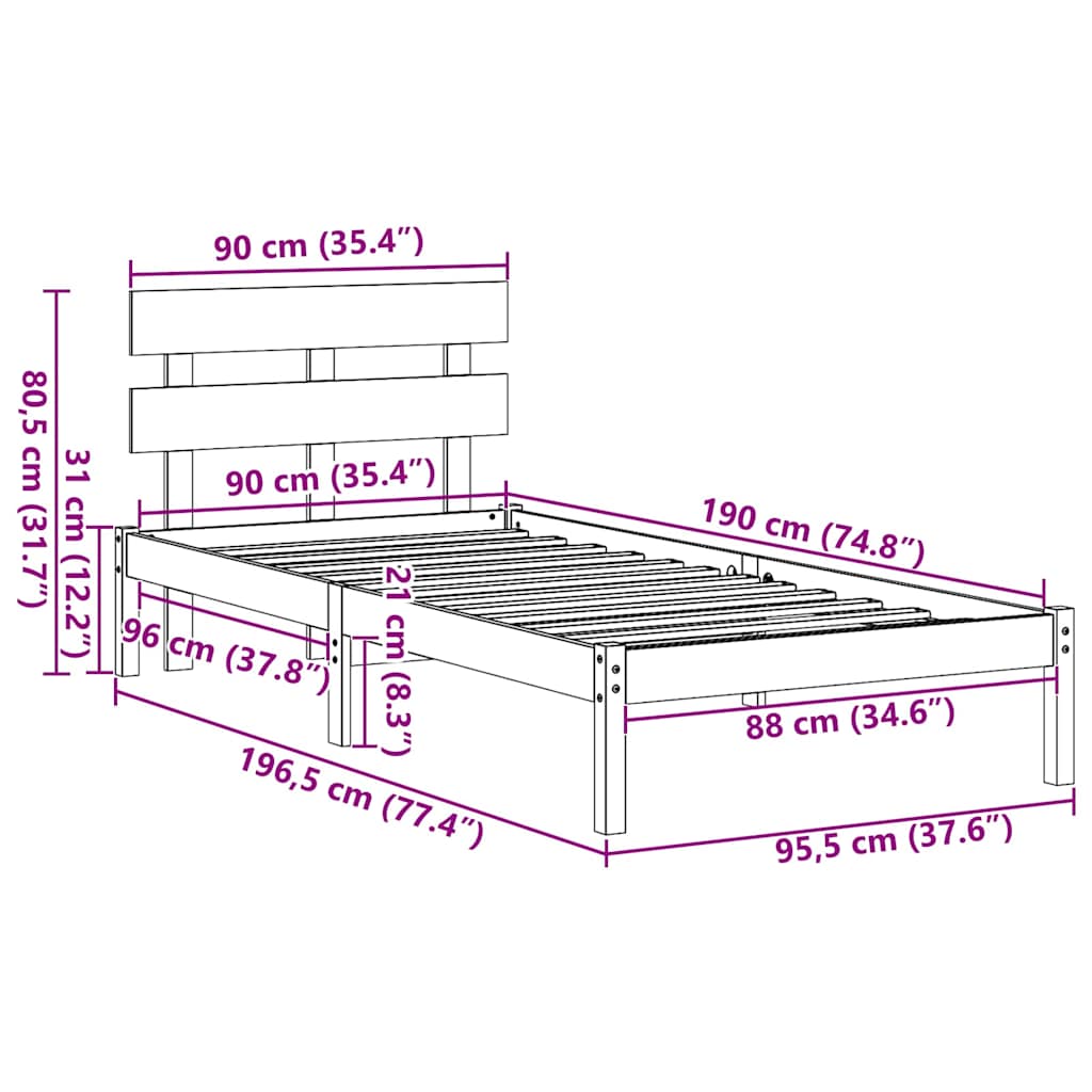 Sengestamme med hodegjerde Brun 90 x 190 cm Massivt furutre