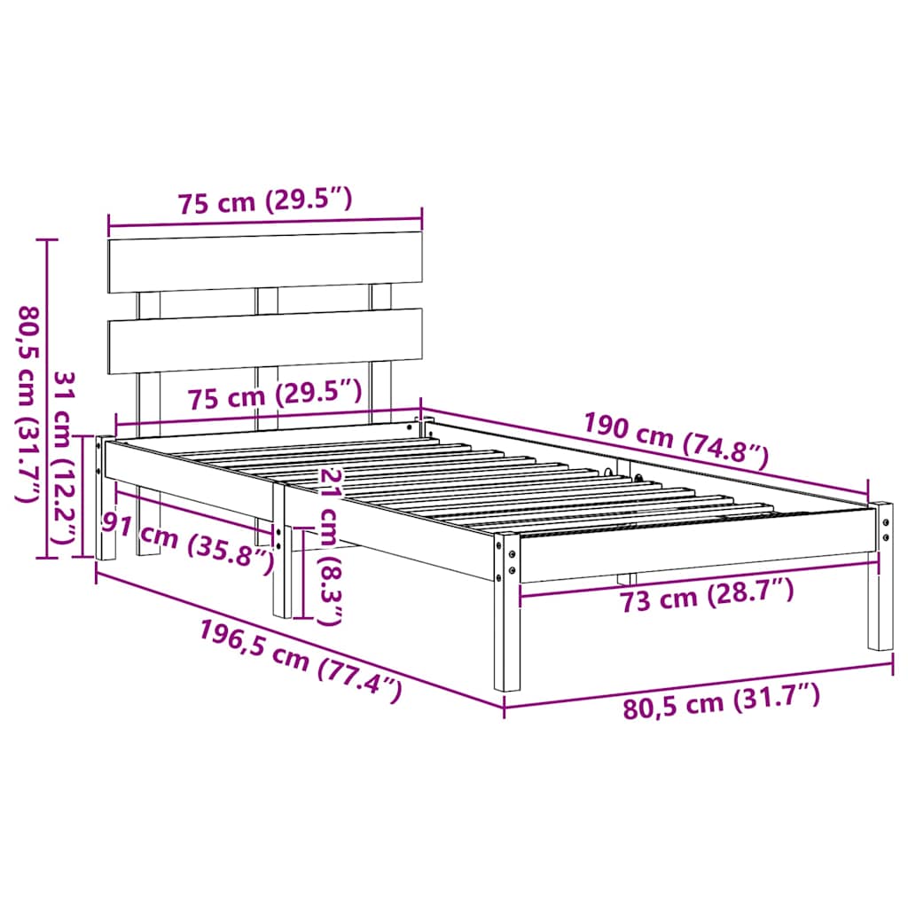 Sengestamme med hodegjerde Brun 75 x 190 cm Massivt furutre