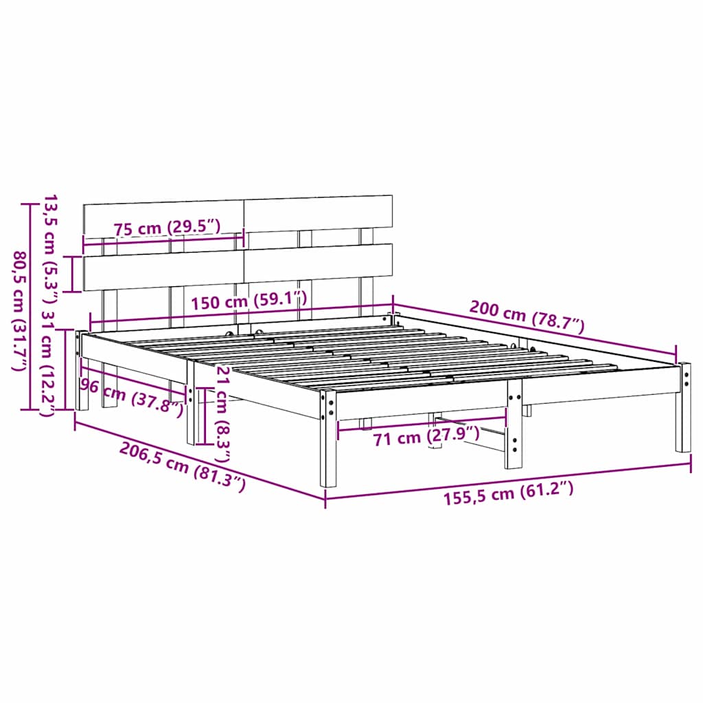Sengestamme med hodegjerde Brun 150 x 200 cm Massivt furutre