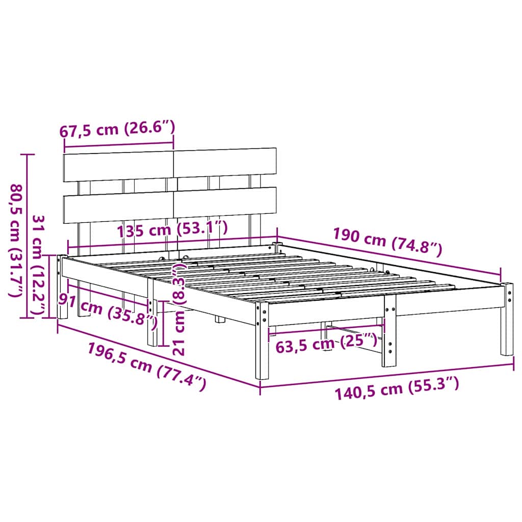 Sengestamme med hodegjerde Hvit 135 x 190 cm Massivt furutre