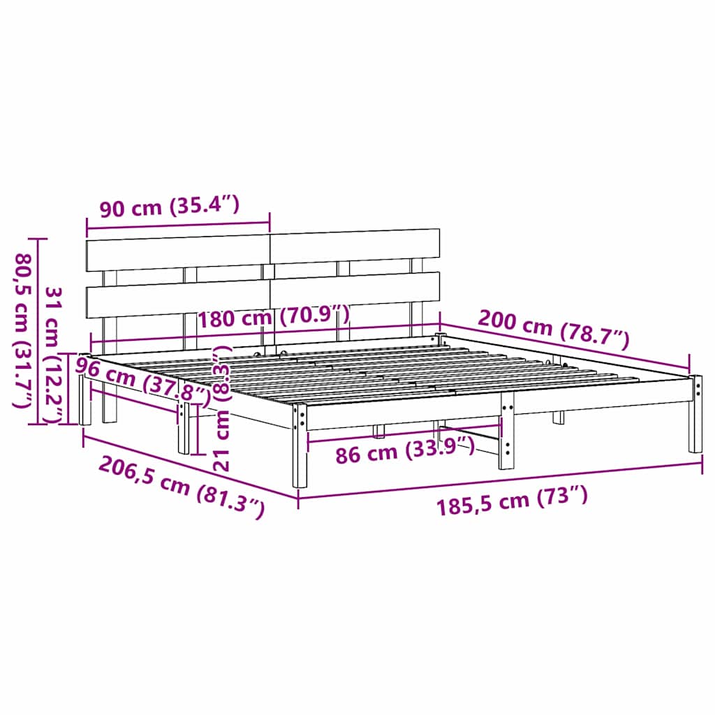 Sengestamme Hvit 180 x 200 cm Massivt furutre