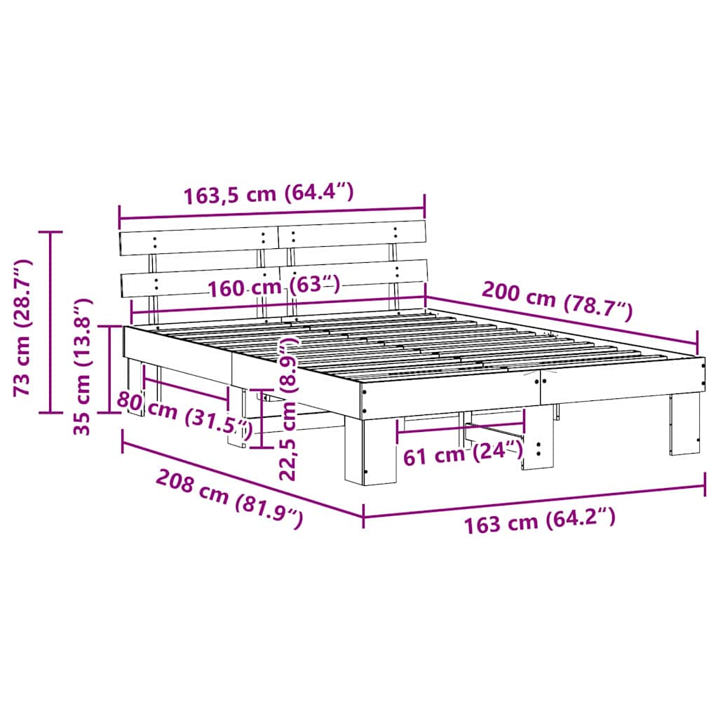 Sengestamme med hodegjerde Vokset Brun 160 x 200 cm Massiv furu