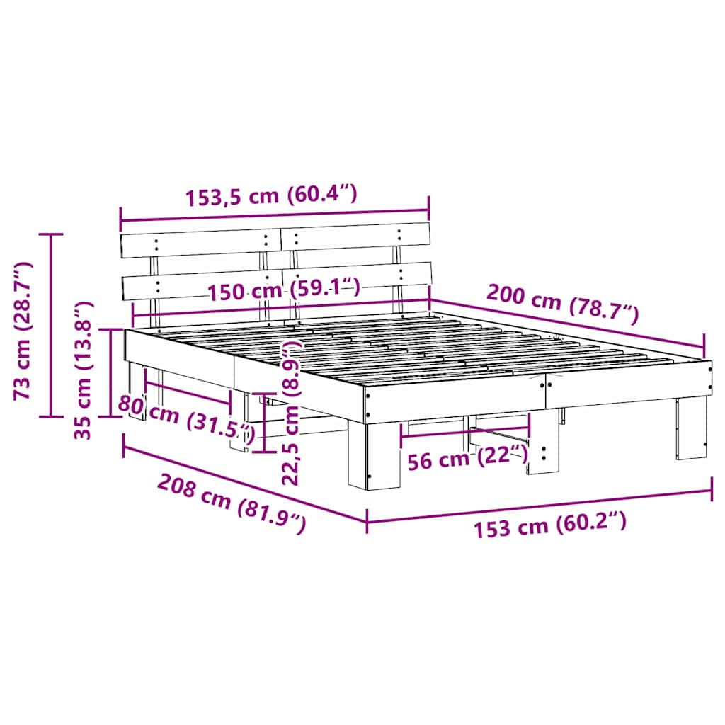 Sengestamme med hodegjerde Naturlig 150 x 200 cm Massiv furu