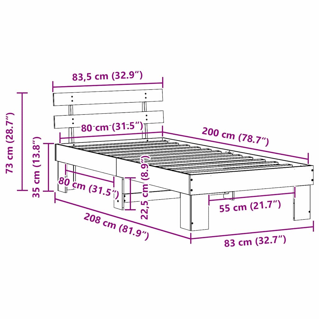 Sengestamme med hodegjerde Brun 80 x 200 cm Massivt furutre