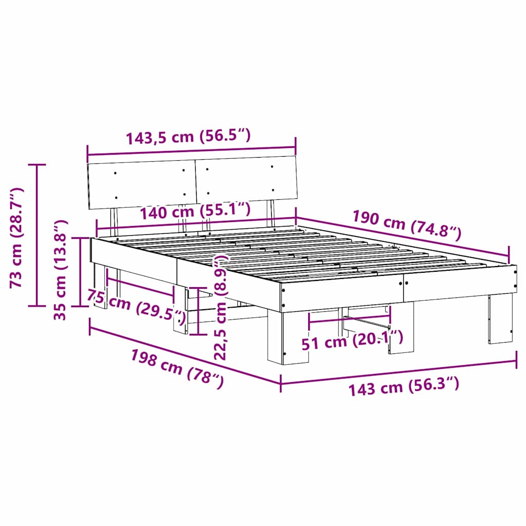 Sengestamme med hodegjerde Vokset Brun 140 x 190 cm Massiv furu