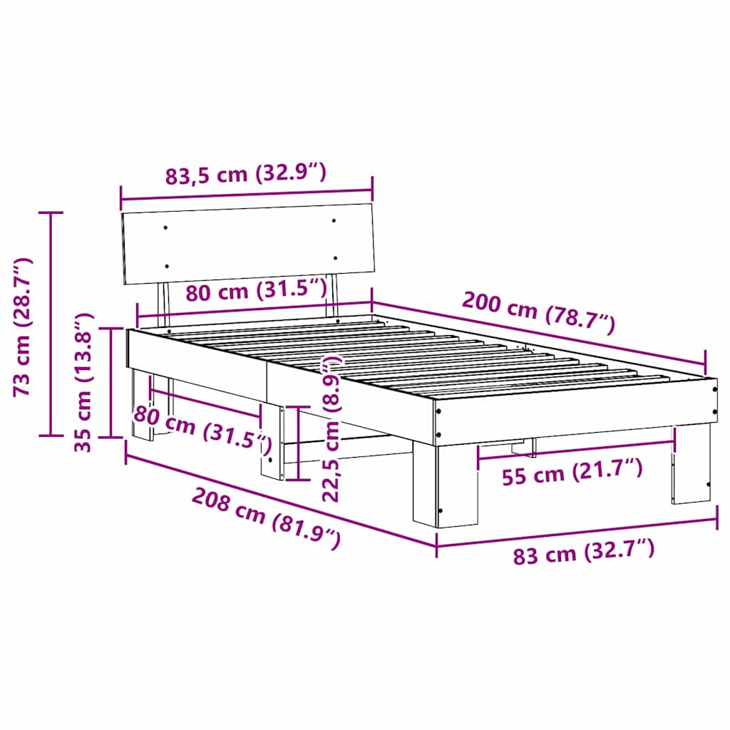 Sengestamme med hodegjerde Brun 80 x 200 cm Heltre furu