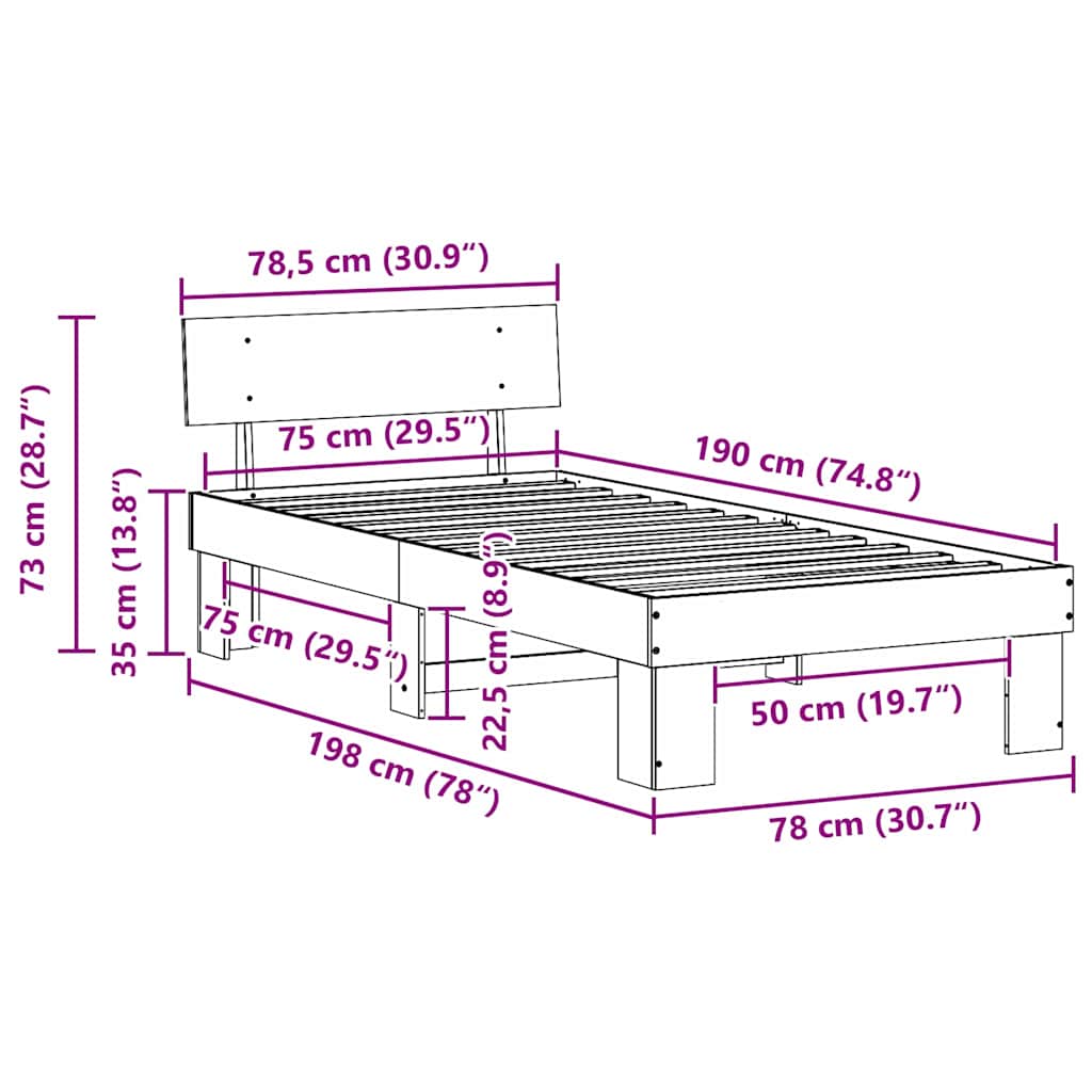 Sengestamme med hodegjerde Vokset Brun 75 x 190 cm Massiv furu