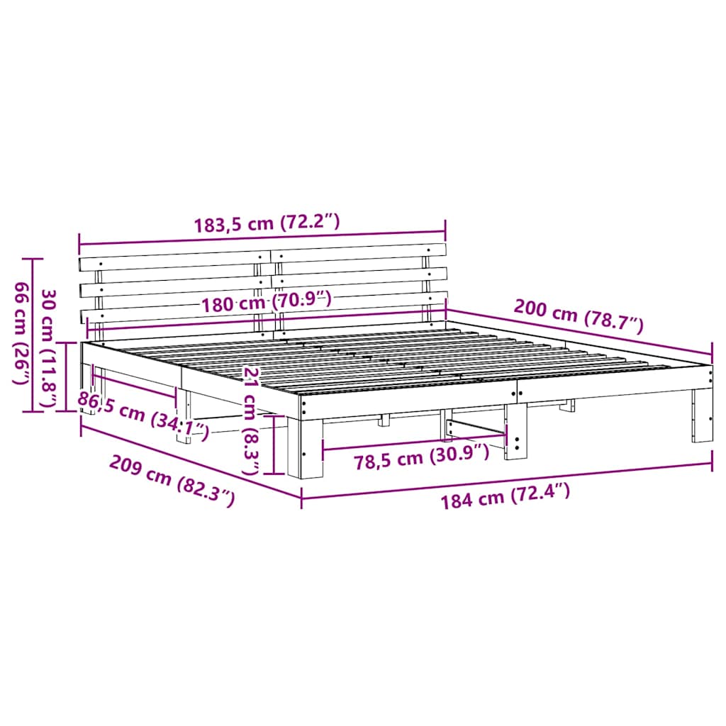Sengestamme med hodegjerde Naturlig 180 x 200 cm Massiv furu