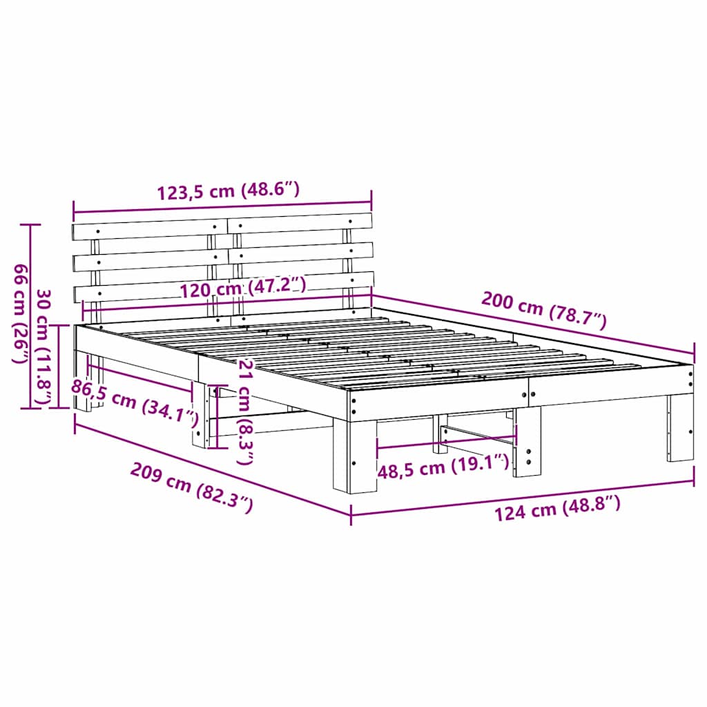 Sengestamme med hodegjerde Naturlig 120 x 200 cm Massiv furu
