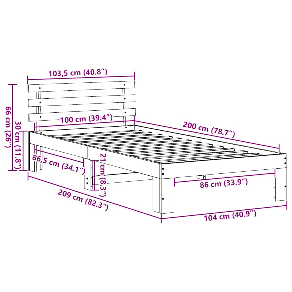Sengestamme med hodegjerde Naturlig 100 x 200 cm Massiv furu