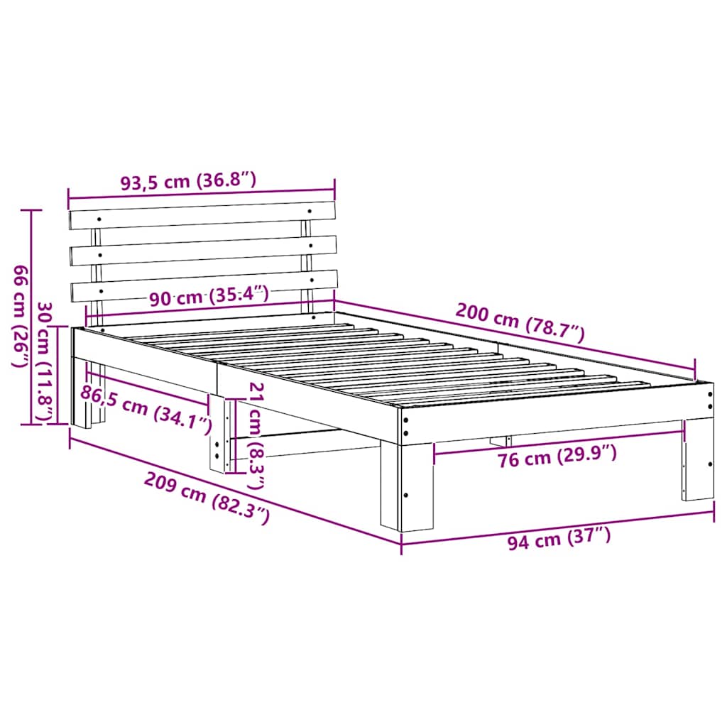 Sengestamme med hodegjerde Hvit 90 x 200 cm Massiv furu